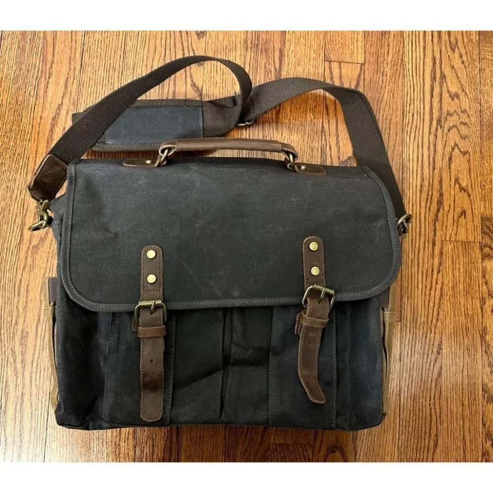 Men's Dark Grey Genuine Leather Canvas Water Resistant Satchel Shoulder Bag